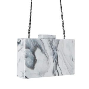 Zara Marble Acrylic Box Clutch – White & Grey Stone Print Handbag